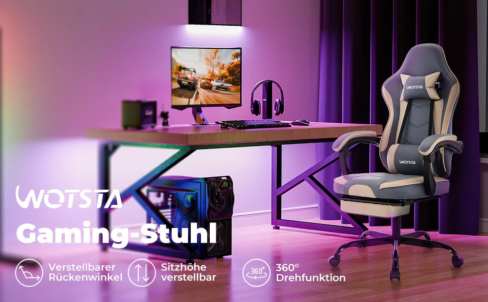 WOTSTA Gaming-Stuhl mit Fußstütze, ergonomischer Gamer-Stuhl mit Lendenkissen, Kopfstütze und höhenverstellbarem Computerstuhl