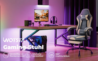 WOTSTA Gaming-Stuhl mit Fußstütze, ergonomischer Gamer-Stuhl mit Lendenkissen, Kopfstütze und höhenverstellbarem Computerstuhl