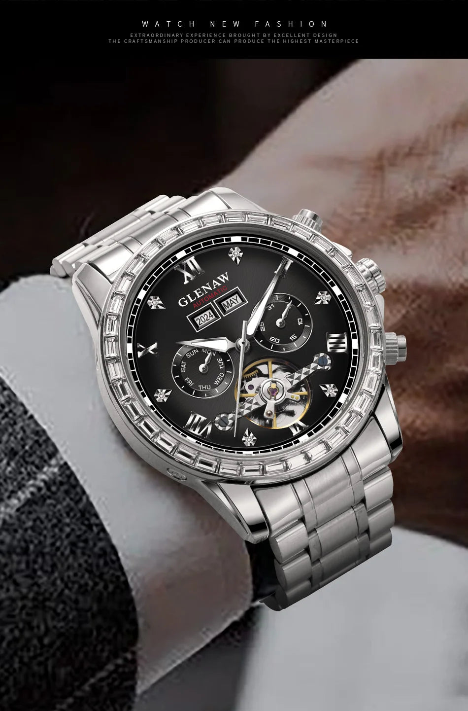 Montre mécanique multifonction GLENAW – Modèle pour homme, style business et décontracté, bracelet en acier inoxydable, étanche, avec calendrier – Montre de luxe