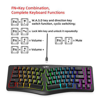 69 Key Wired Ergonomic Gaming Keyboard Keyboard Silent Irregular RGB Backlit Keyboard for Windows Linux Home Office Game PC