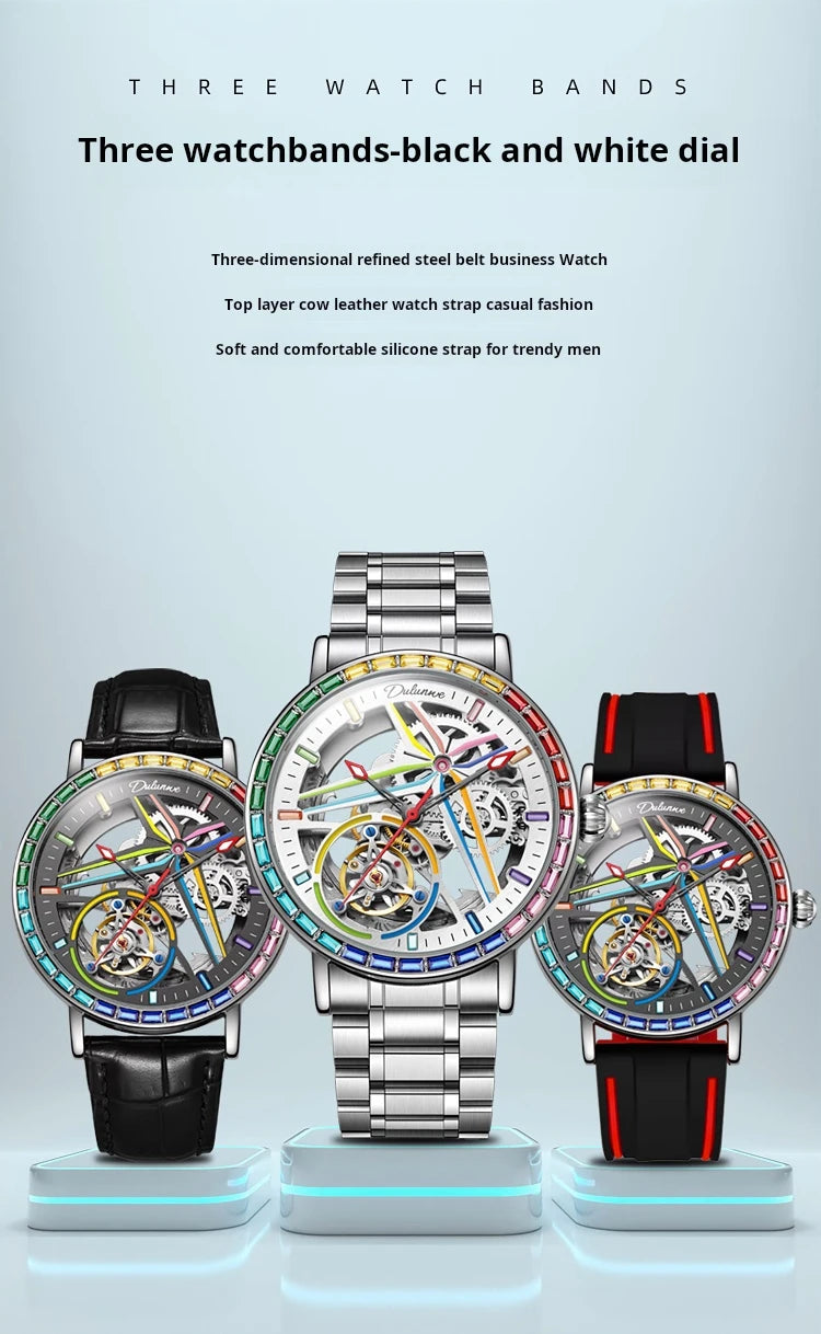 Rainbow Colored Gemstone Tourbillon Fashion Skeleton Watch Men Waterproof 30M Sports Watches Luxury Automatic Mechanical Clock