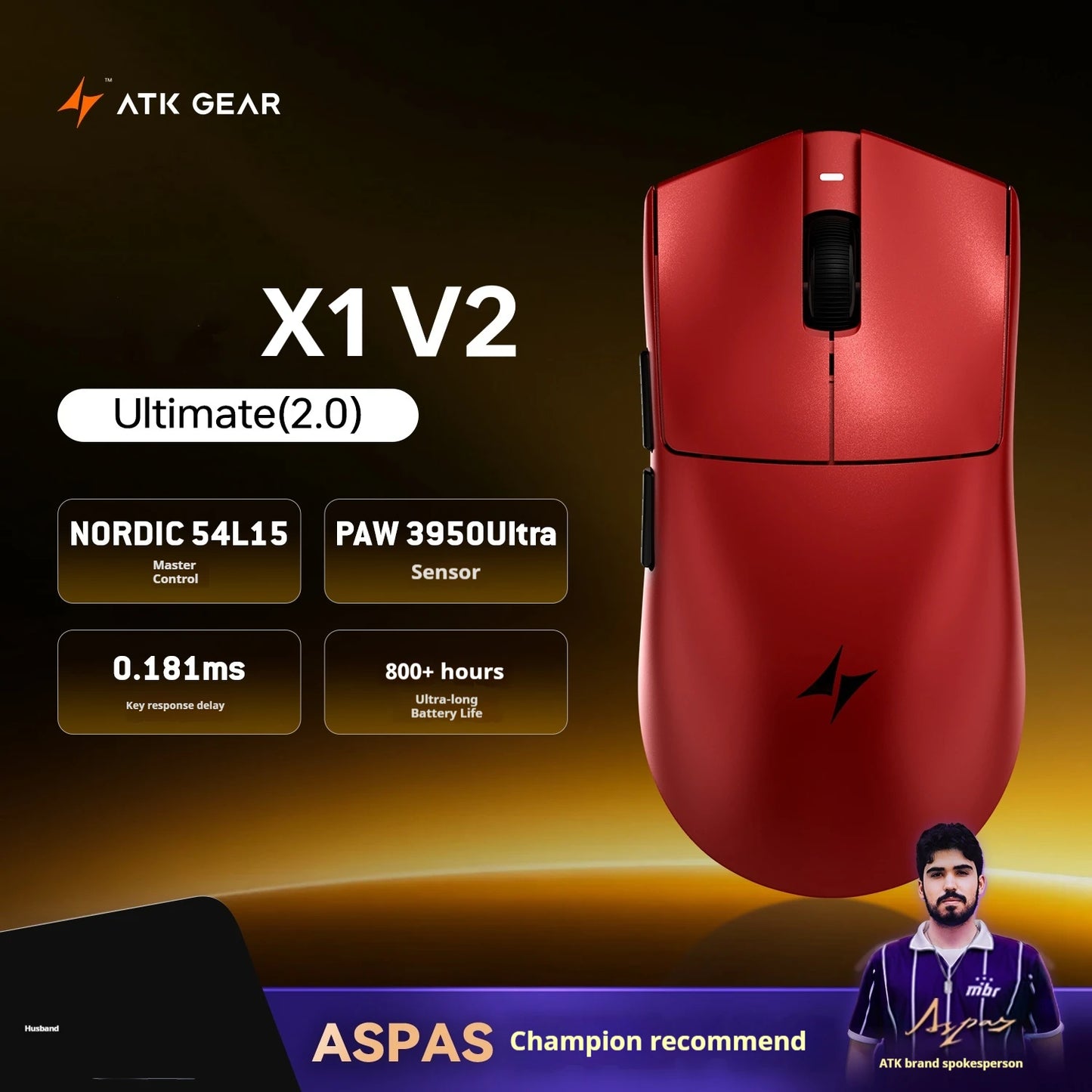 Mouse gaming wireless ATK X1 V2 Ultimate 2.0 Paw3950 Ultra, 54g, ușor, 750ips, latență redusă 0.163ms, 650ips, accesoriu nou, cadou