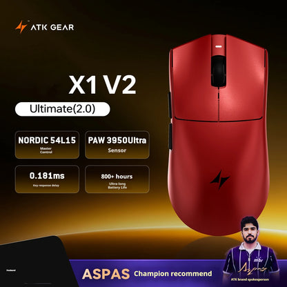 Mouse gaming wireless ATK X1 V2 Ultimate 2.0 Paw3950 Ultra, 54g, ușor, 750ips, latență redusă 0.163ms, 650ips, accesoriu nou, cadou