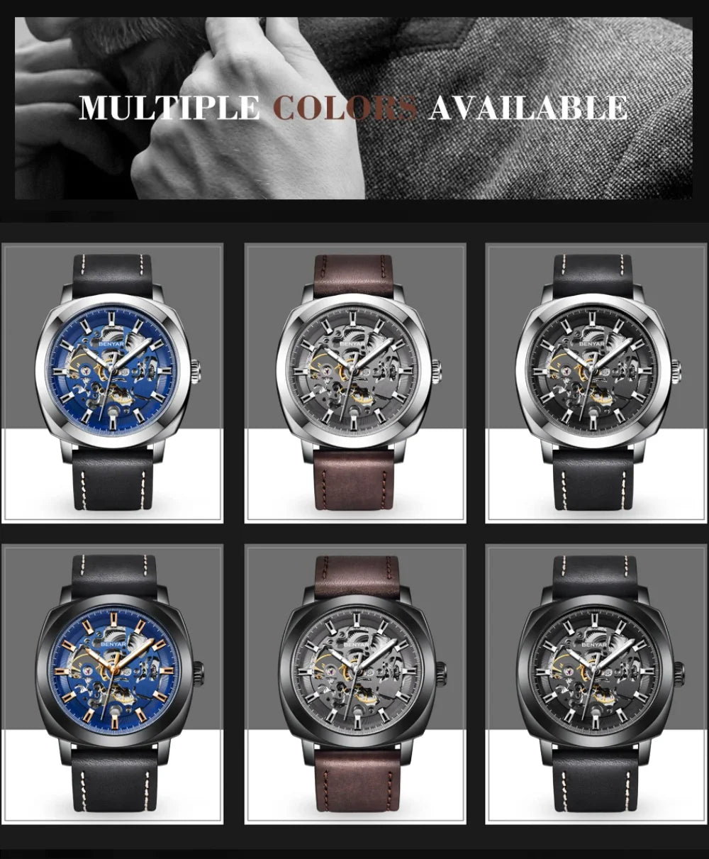 BENYAR Watch for Men Luxury Skeleton Tourbillon Automatic Mechanical Mens Watch 30M Waterproof Leather Strap Sports Reloj Hombre