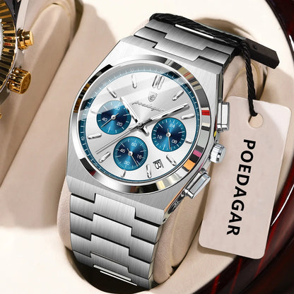 POEDAGAR Herrenuhr – Luxuriöser Chronograph aus Edelstahl, mit Datumsanzeige, wasserdicht und leuchtend – Sportliche Quarz-Armbanduhr