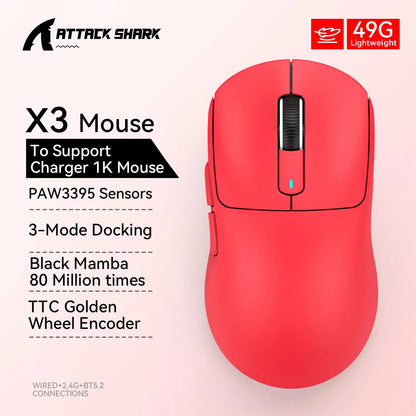 X3 Gaming Mouse Wireless ATTACK SHARK Rot 4K Rückläufe, Bluetooth-Tri-Mode-Verbindung, PAW3395, Makro-Bluetooth-Gaming-Maus