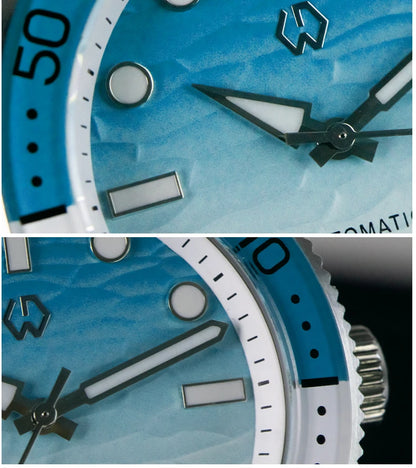 WISHDOIT Men's Automatic Dive Watch With Ocean Blue And White Ripple Dial 8215 Movement Sapphire Glass Mirror