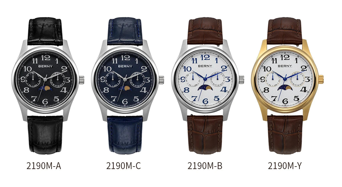 BERNY Watches for Men Moon Phase Quartz Men's Watch Day and Date Calendar Easy Read Vintage-Style Business Dress Wristwatch