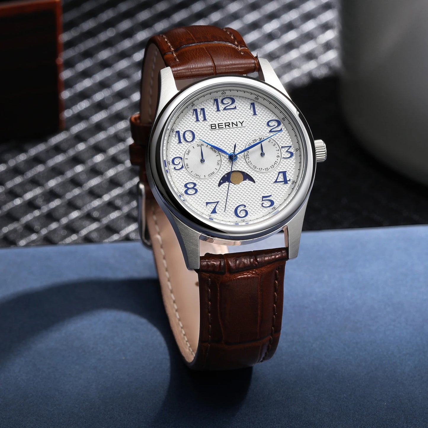 BERNY Watches for Men Moon Phase Quartz Men's Watch Day and Date Calendar Easy Read Vintage-Style Business Dress Wristwatch