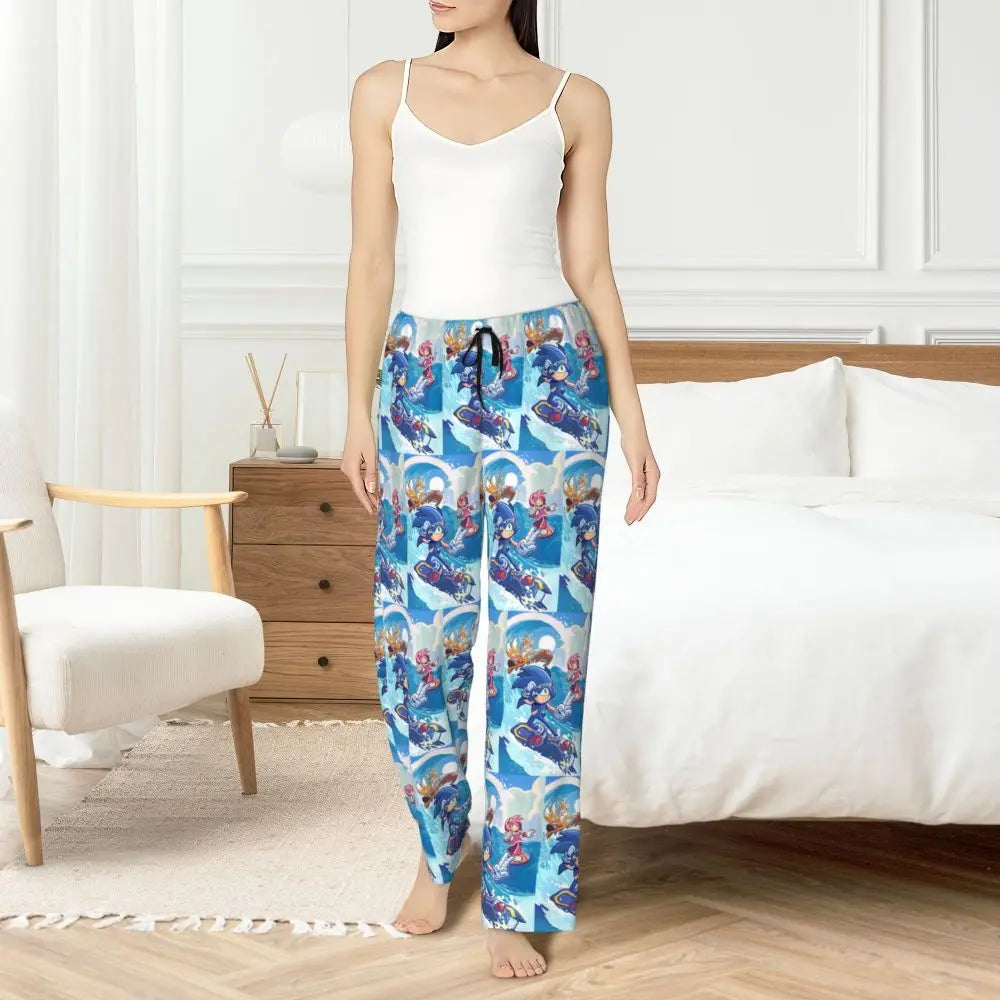 Custom Women Soniced Pajama Pants Printed Hedgehog Game Sleep Sleepwear Bottoms with Pockets