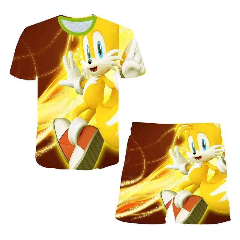 Sonic The Hedgehog Top Fashion 3D Anime Children's T-shirt Set Short Sleeve + Shorts Two-piece Set Girls Boys Cosplay Costume