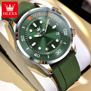 OLEVS Automatic Men's Watches Luxury Top Brand Green Water Ghost Diving Series Silicone Strap Original Mechanical Man Watch 6751
