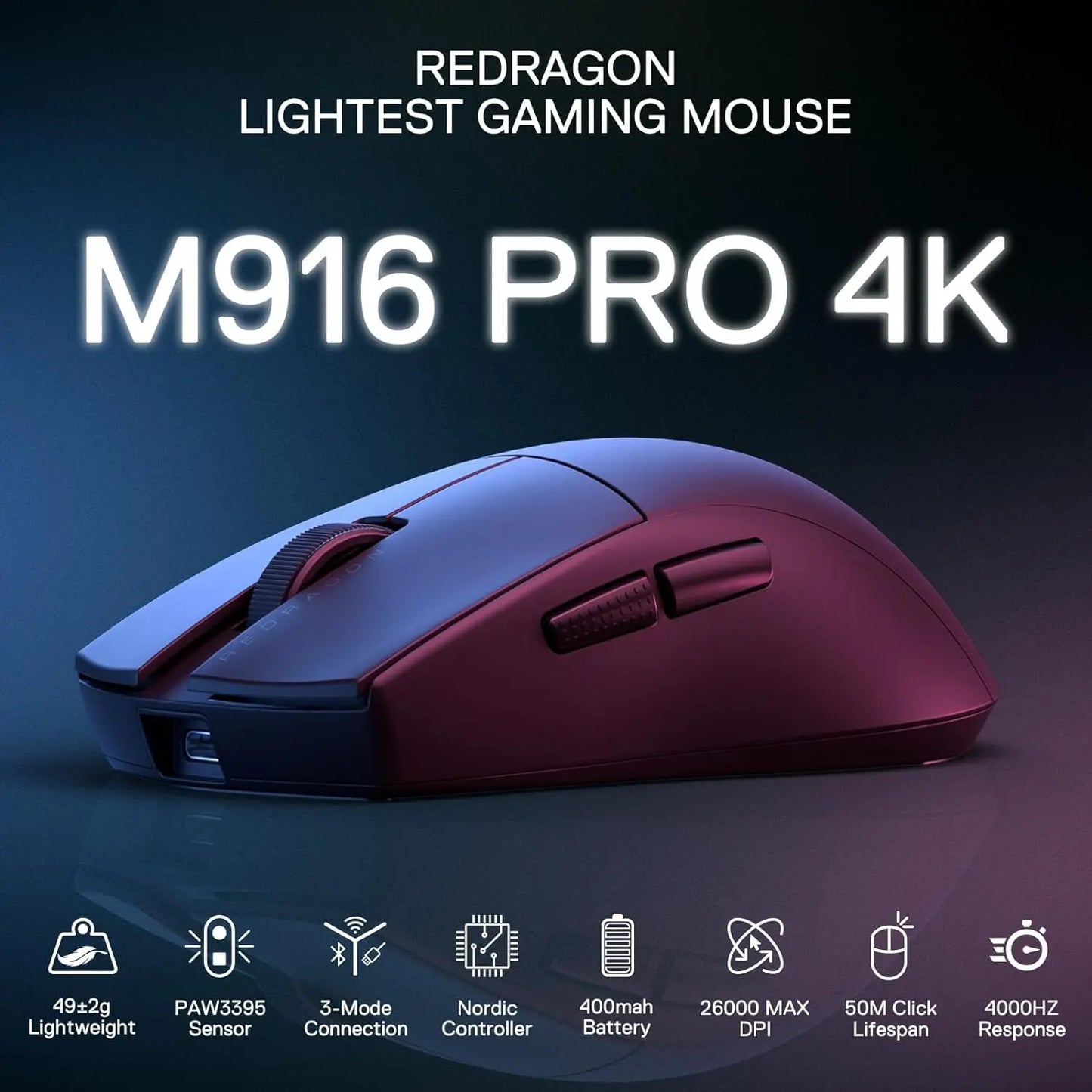 Redragon M916 PRO 3 režimų belaidė žaidimų pelė, Hype-Speed 4K apklausos dažnis, 49G itin lengva 26K DPI žaidėjo pelė