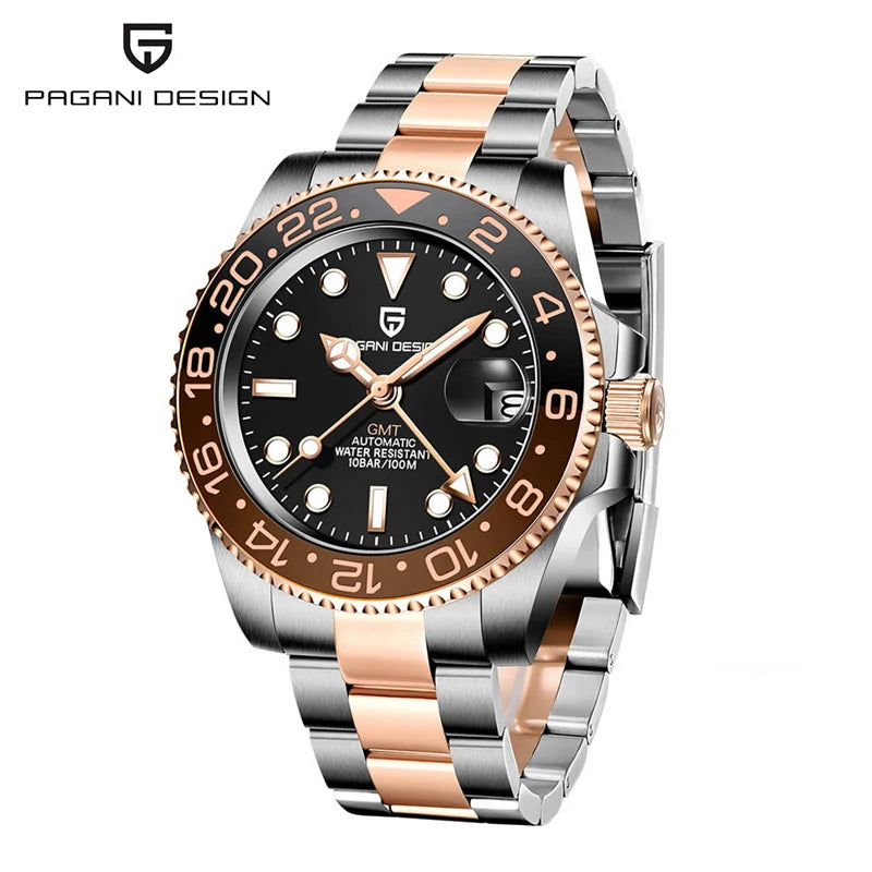 Relógio PAGANI DESIGN 40MM GMT para Homem, Luxo, Safira AR, Mecânico, Luneta em Cerâmica, Automático, 100M à Prova de Água, Relógio para Oferta