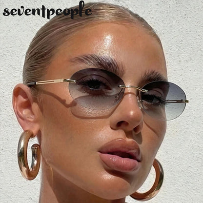 Rimless Oval Sunglasses Women 2026 Luxury Brand Vintage Small Frame Gold Metal Gradient Lens Y2K Punk Streetwear Fashion Eyewear