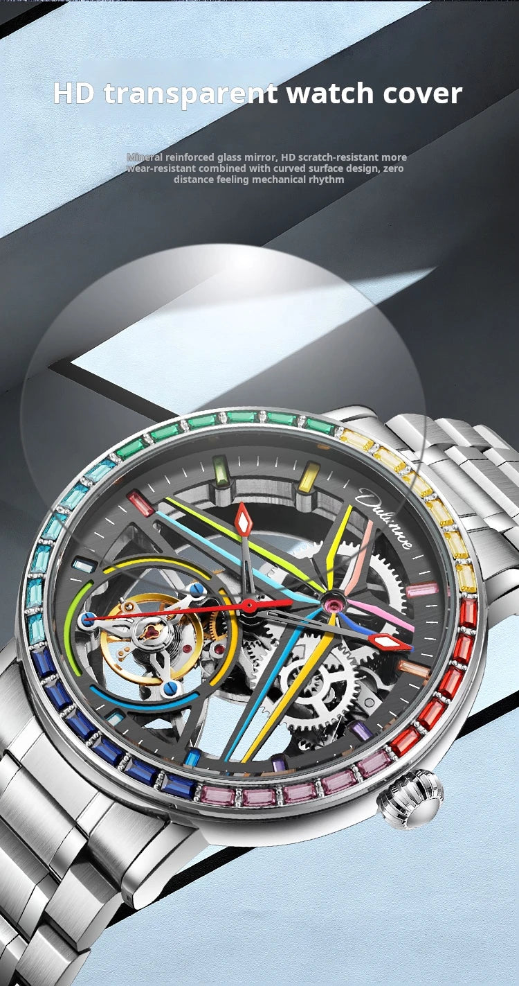 Rainbow Colored Gemstone Tourbillon Fashion Skeleton Watch Men Waterproof 30M Sports Watches Luxury Automatic Mechanical Clock
