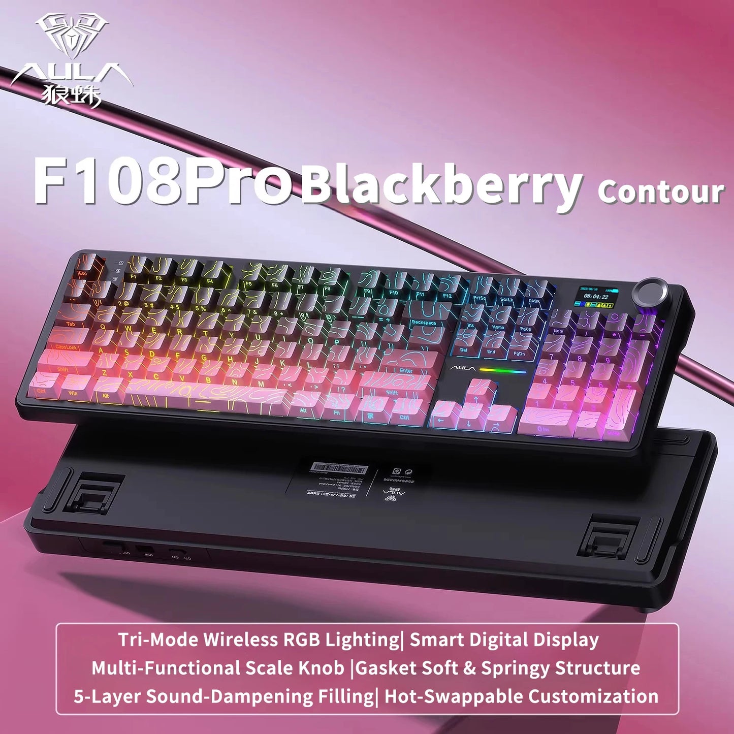 AULA F108 PRO Mechanische Tastatur, individuelles 100-%-Layout, RGB-Hintergrundbeleuchtung, kabellose Bluetooth-Verbindung, HiFi-Switch, Gaming-Tastatur
