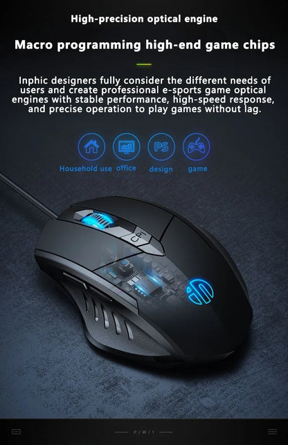 Inphic W1 Wired Mouse Esports Gaming Mouse Macro Programming Definition to Adjust DPI Silent Office Mouse