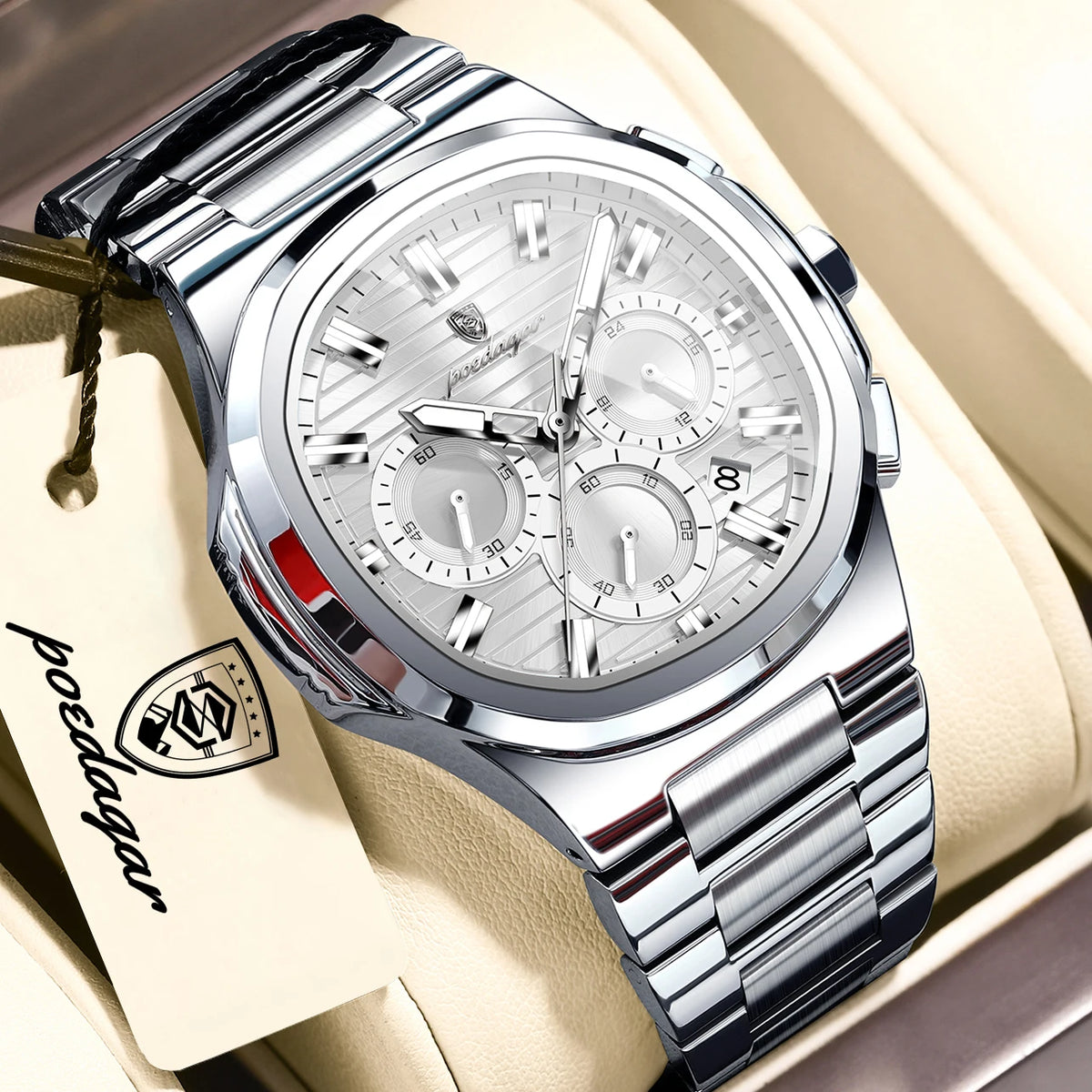 POEDAGAR Men’s Luxury Stainless Steel Quartz Watch  Waterproof Chronograph with Luminous Dial & Date