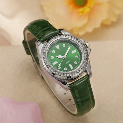 Ladies Luxury Diamond Branded Quartz Watch Fashion 2025 New Simple Green Leather Women's Dress Clock Watch DDP