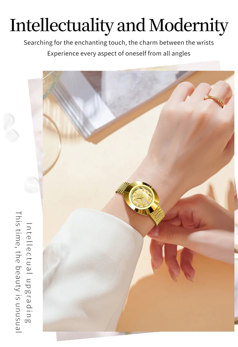 OLEVS Golden Quartz Watch for Women Fashion Elegant Tungsten Steel Case Waterproof Wristwatches Luxury Original Ladies Watch New