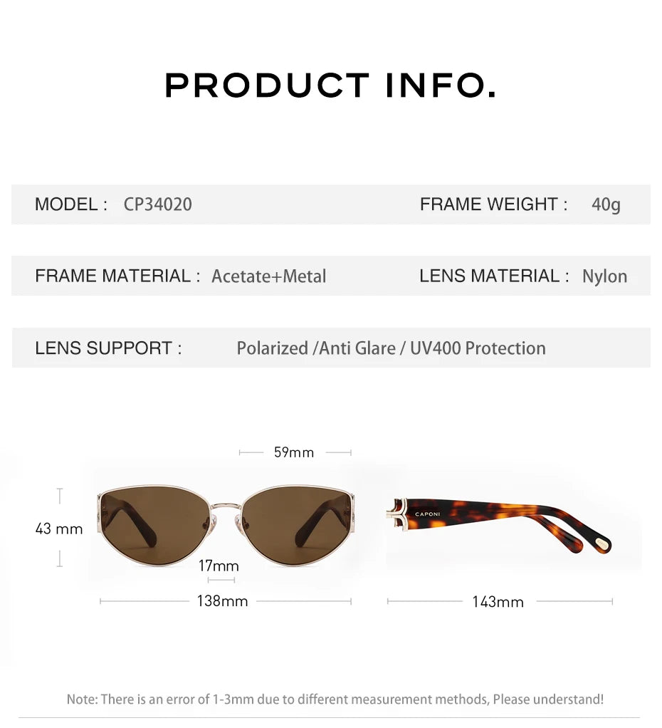 CAPONI Luxury Women Polarized Sunglasses Vintage Acetate Outdoor Original Design Eyewear UV400 Protection Brown Shade CP34020