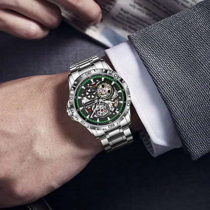 GLENAW Steampunk Skeleton Men's Watch Ring Luxury Automatic Mechanical Watches Luminous Waterproof Stainless Steel Strap Watch