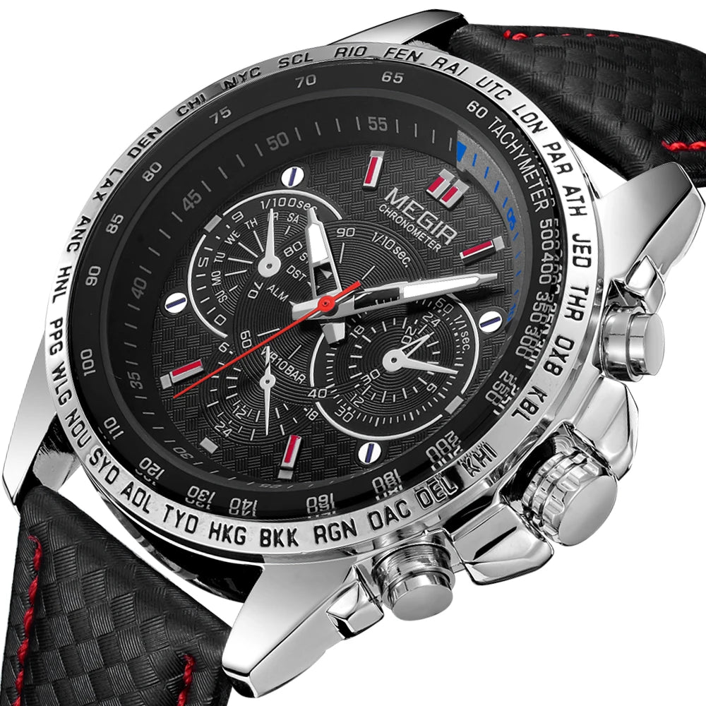 Orologio da polso analogico al quarzo da uomo MEGIR – Orologio di lusso impermeabile con cinturino in pelle, stile casual, modello 1010 (nero)