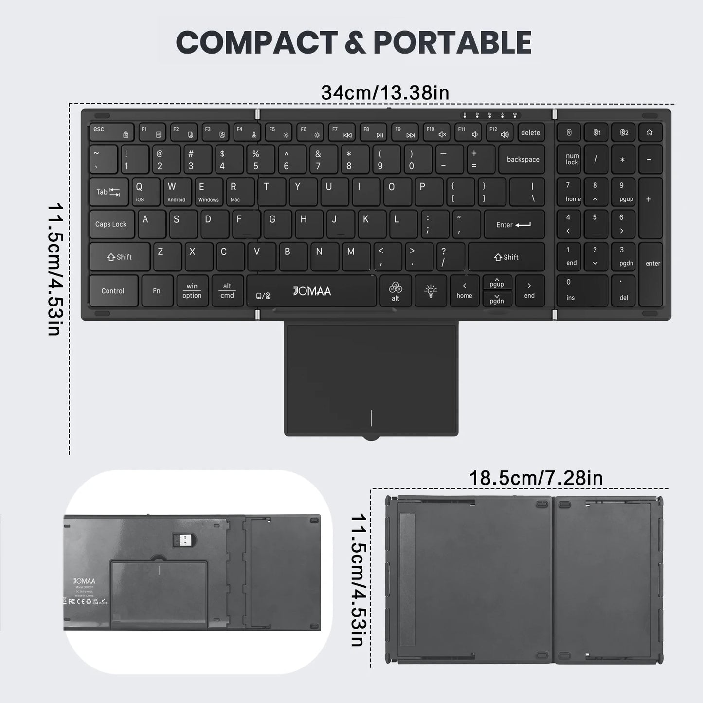 Teclado táctil inalámbrico Bluetooth de modo dual con retroiluminación RGB, 98 teclas, teclado de oficina plegable para PC/portátil/Mac - Negro