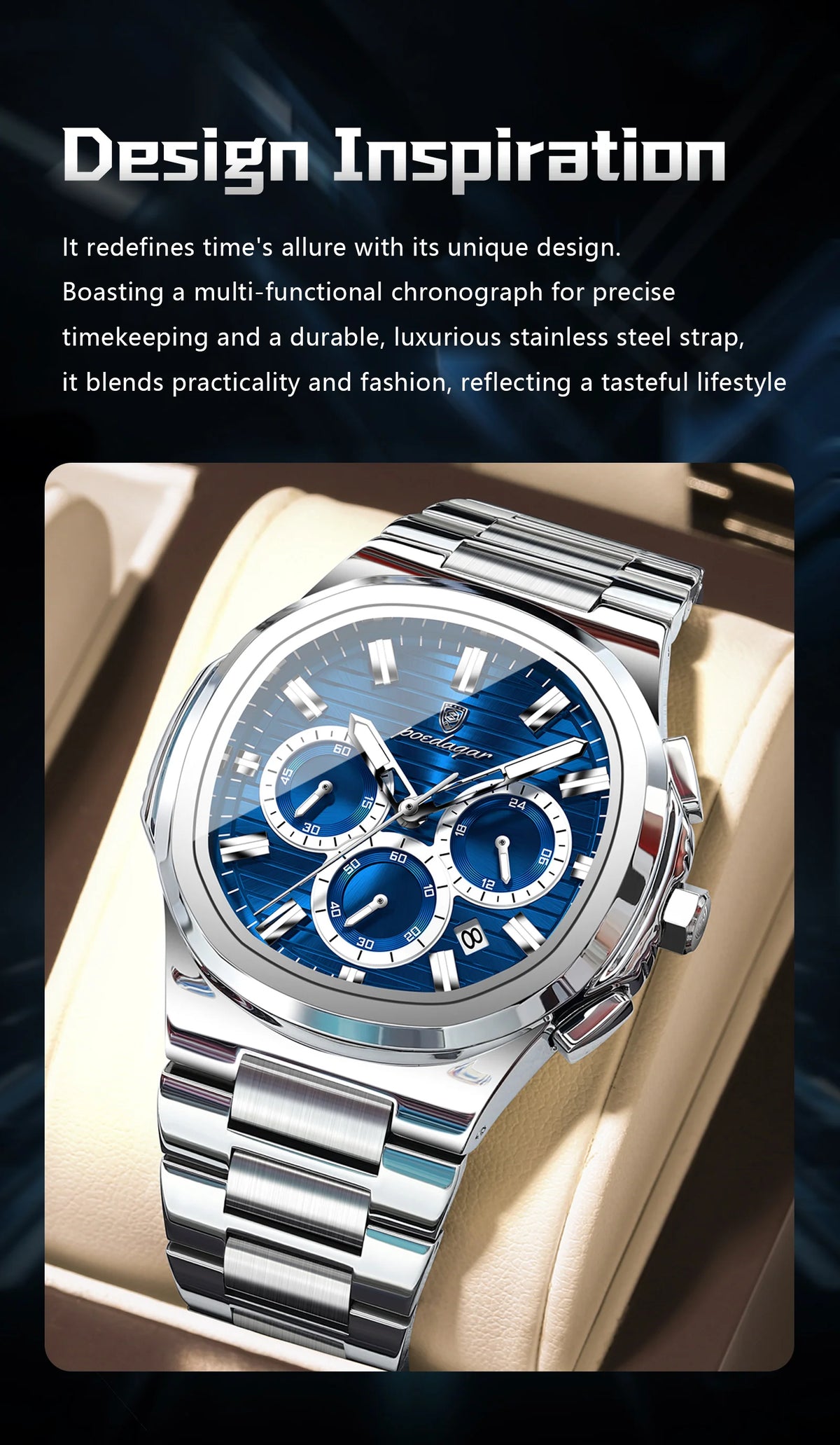 POEDAGAR Men’s Luxury Stainless Steel Quartz Watch  Waterproof Chronograph with Luminous Dial & Date