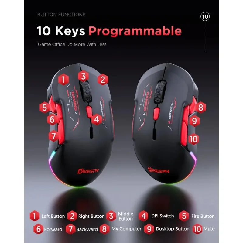 Mouse gaming macro MKESPN W12 cu 10 butoane, ambidextru, wireless Bluetooth, multicanal, tri-mode, ergonomic, RGB mare