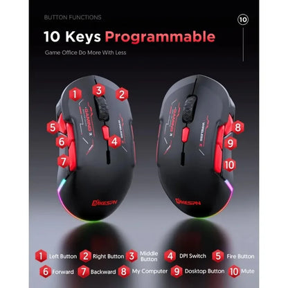 Mouse gaming macro MKESPN W12 cu 10 butoane, ambidextru, wireless Bluetooth, multicanal, tri-mode, ergonomic, RGB mare