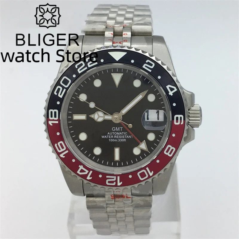 BLIGER 40mm NH34 GMT Watch For Men Mechanical Wristwatch Luminous Bezel Sapphire Glass Stainless Steel Bracelet Reloj Hombre