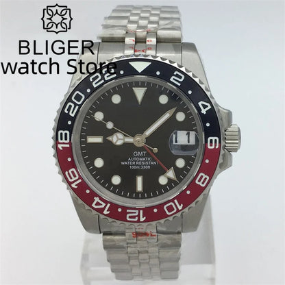 BLIGER 40mm NH34 GMT Watch For Men Mechanical Wristwatch Luminous Bezel Sapphire Glass Stainless Steel Bracelet Reloj Hombre