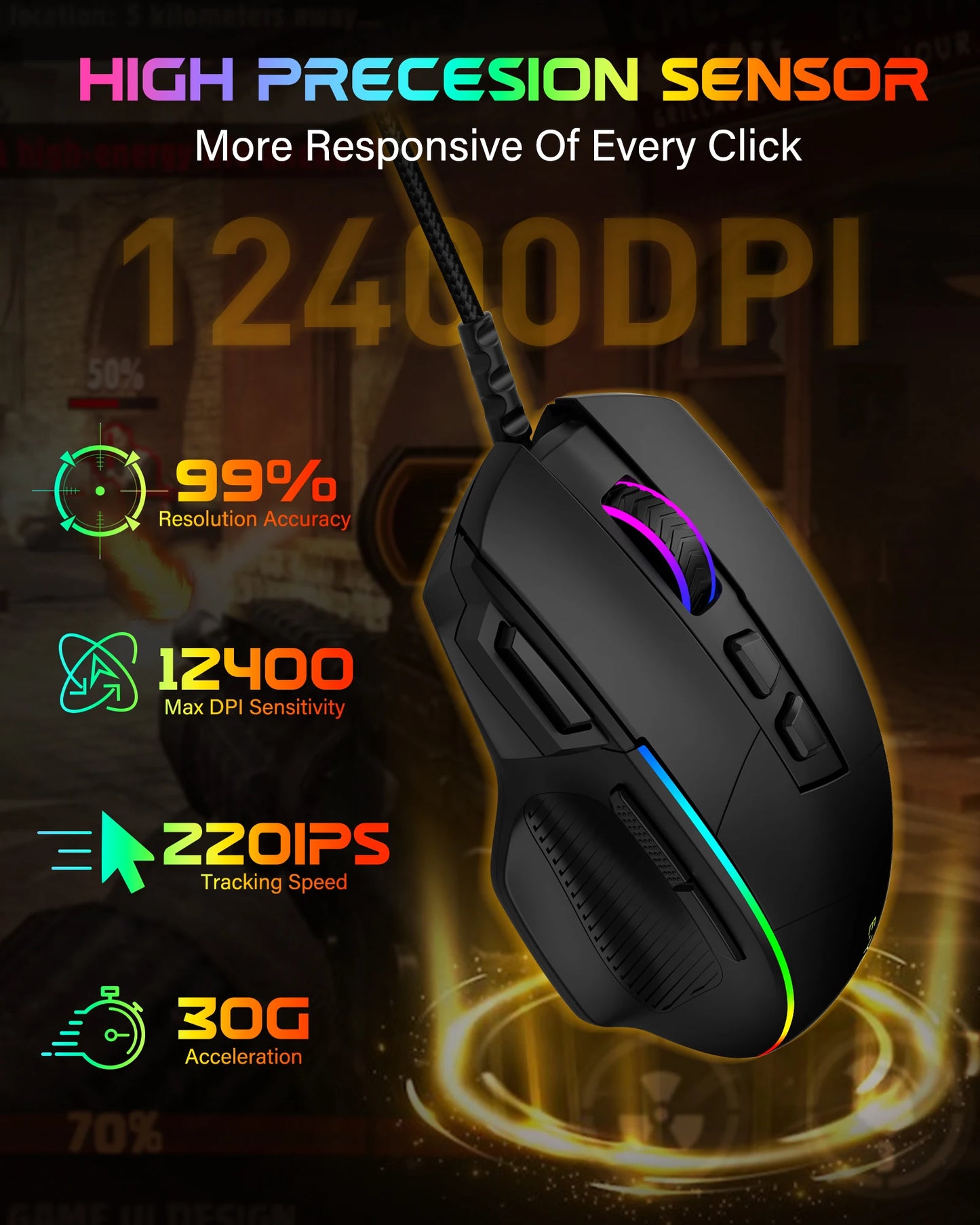 E-YOOSO X49 kabelgebundene Gaming-Maus, 12400 DPI einstellbar, RGB-beleuchtet, 8 programmierbare Tasten, ergonomische Gamer-Maus für PC und Laptop