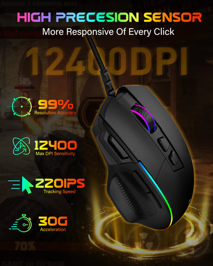 E-YOOSO X49 kabelgebundene Gaming-Maus, 12400 DPI einstellbar, RGB-beleuchtet, 8 programmierbare Tasten, ergonomische Gamer-Maus für PC und Laptop