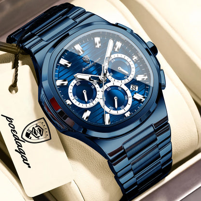 POEDAGAR Men’s Luxury Stainless Steel Quartz Watch  Waterproof Chronograph with Luminous Dial & Date