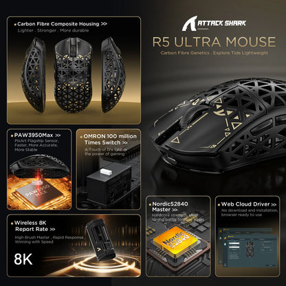 ATTACK SHARK R5 ULTRA Kabellose Gaming-Maus – 8K Polling, PAW3950MAX-Sensor, 42,000 DPI, ultraleicht aus Carbonfaser für Pro-Esport