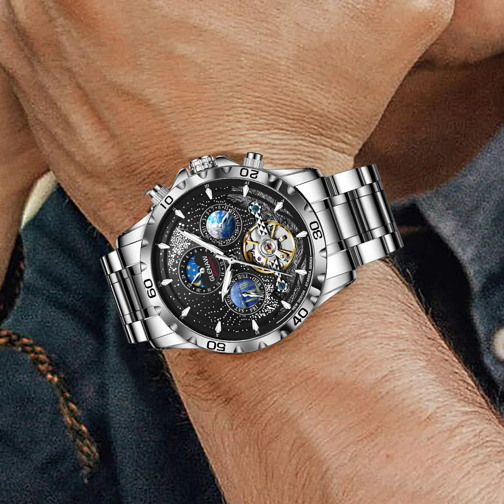 Orologio da uomo con movimento meccanico a carica automatica in acciaio inossidabile. Forma della cassa: rotonda
