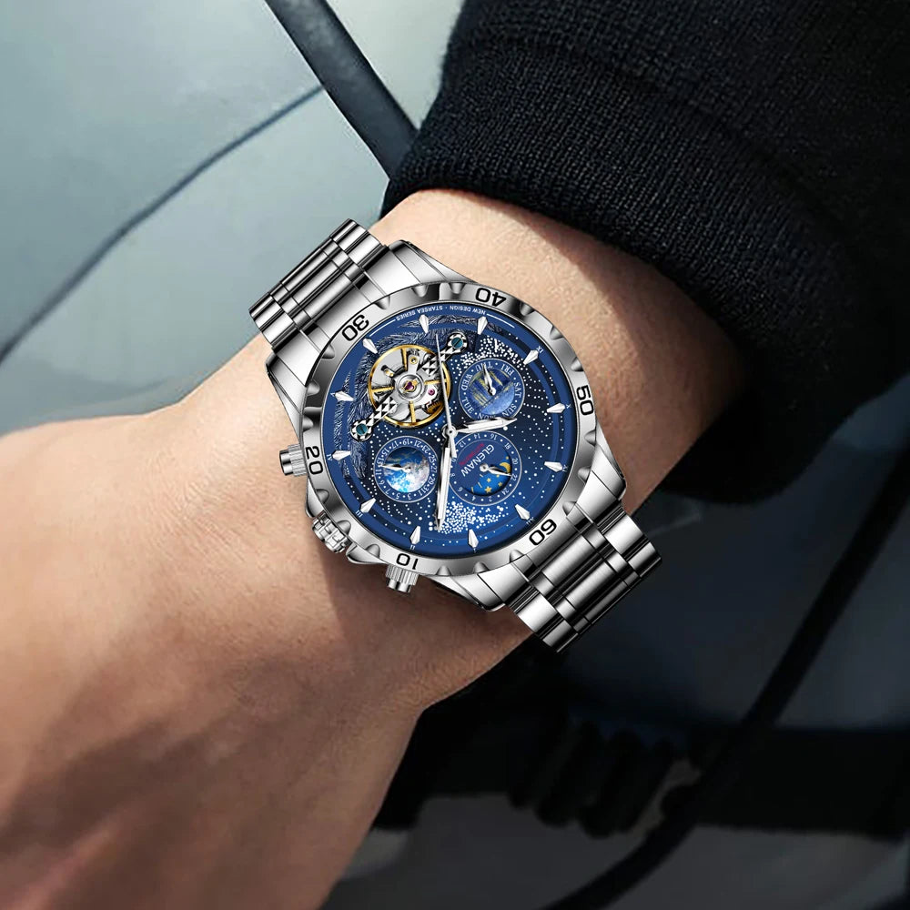 Orologio da uomo con movimento meccanico a carica automatica in acciaio inossidabile. Forma della cassa: rotonda