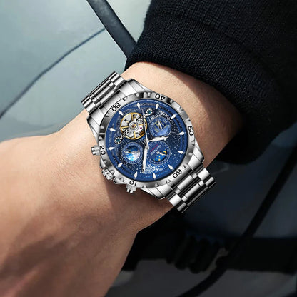 Orologio da uomo con movimento meccanico a carica automatica in acciaio inossidabile. Forma della cassa: rotonda