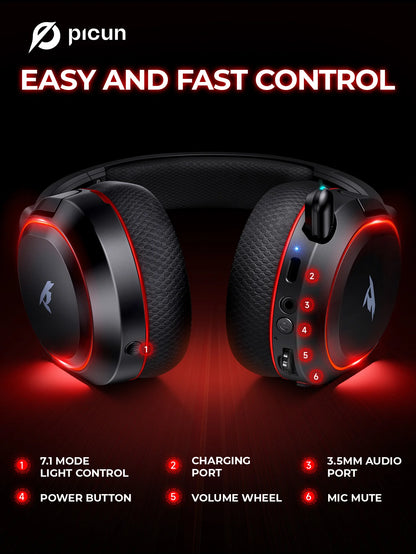 Picun G2 kabelloses Gaming-Headset Bluetooth 5.3 – 7.1-Surround-Sound, ENC-Mikrofon, 100H Akku, Low-Latency-Kopfhörer für PC, PS5, PS4, Switch & Mobile