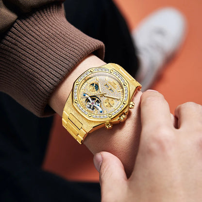 OLEVS Gold Steel Men's Watches Top Brand Automatic Mechanical Luxury Watch Sport Waterproof Tourbillon Wrist Watch Reloj Hombre