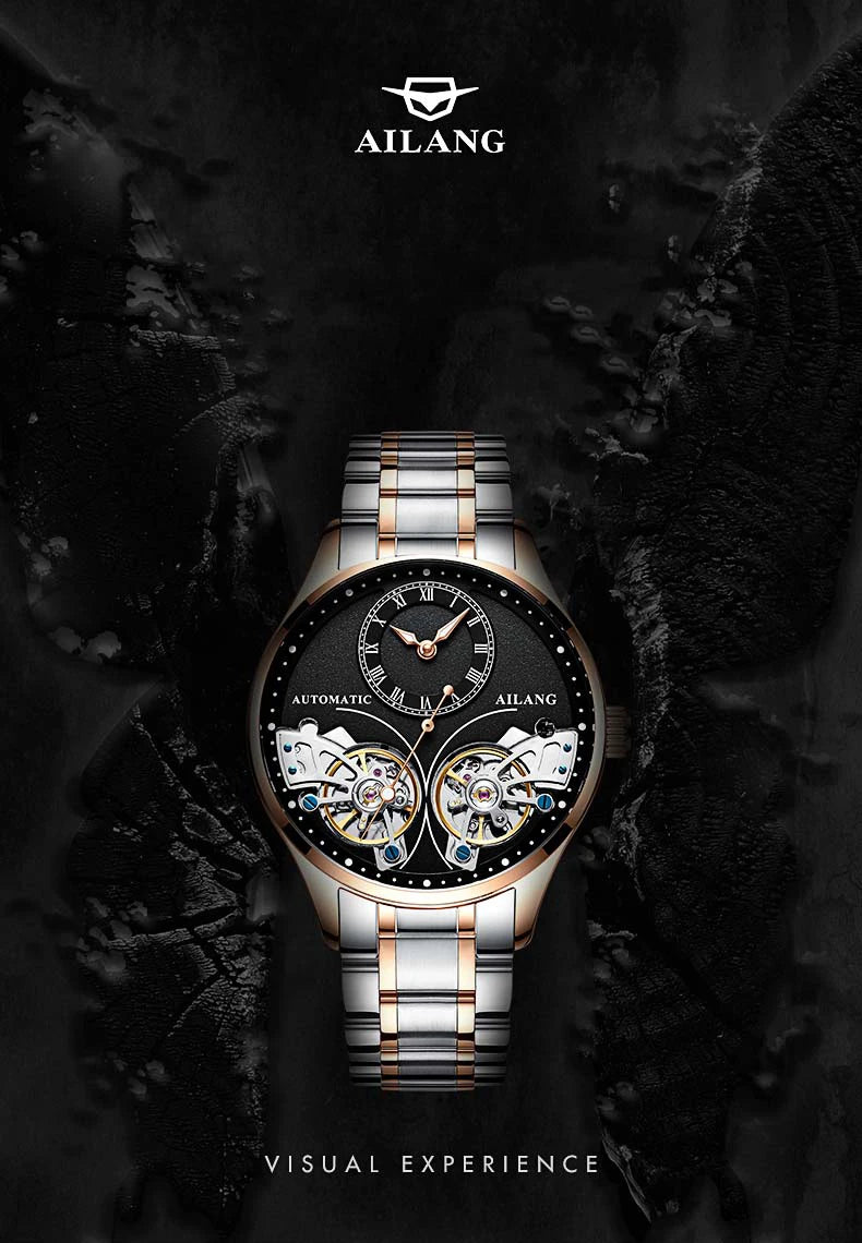 AILANG brandneue modische Double-Tourbillon-Uhr für Herren, Luxus-Edelstahl, wasserdicht, automatisch-mechanische Herrenuhr