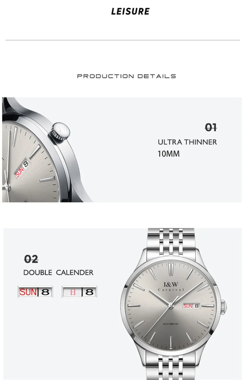 Carnival High-end Series I&W Brand Automatic Mechanical Watches Men Waterproof Watches 316L Steel Sapphire Business Men's Watch