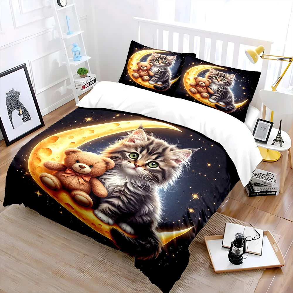 Conjunto de capa de edredão com padrão de gato fofo e ursinho na lua, estampado digital colorido, roupa de cama em poliéster com fecho de correr, para presentes de criança