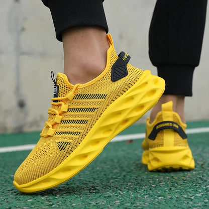 Unisex herresneakers – komfortable, åndbare løbesko til par, kvinder, tennis og sport, størrelse 37-47, gule vandresneakers