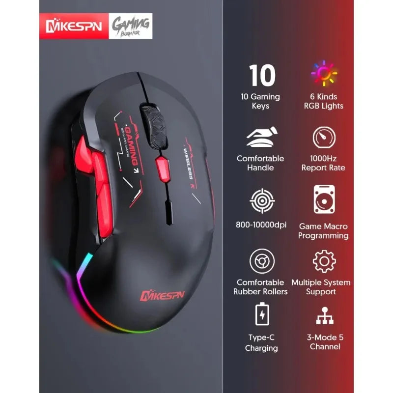 Mouse gaming macro MKESPN W12 cu 10 butoane, ambidextru, wireless Bluetooth, multicanal, tri-mode, ergonomic, RGB mare