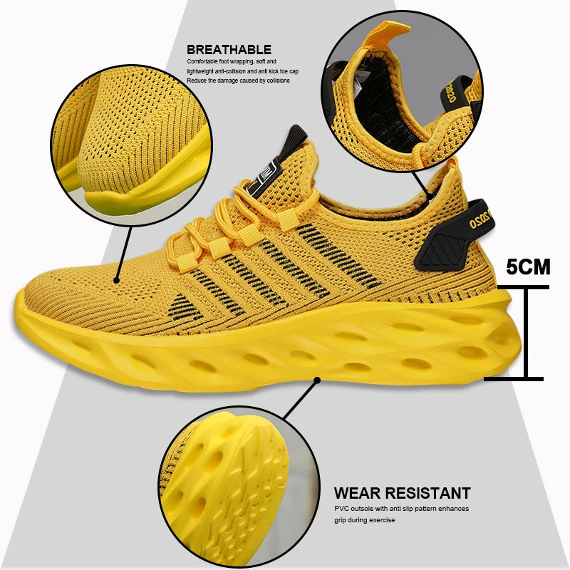 Unisex herresneakers – komfortable, åndbare løbesko til par, kvinder, tennis og sport, størrelse 37-47, gule vandresneakers