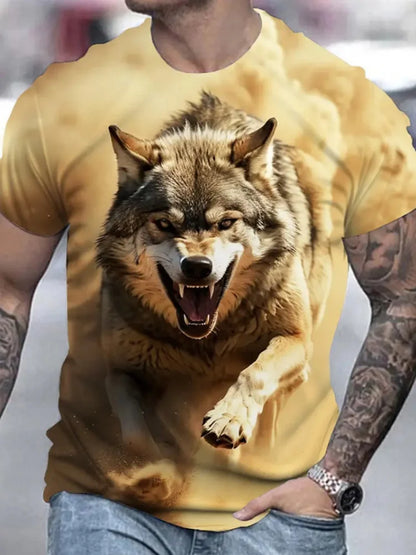 Fire Wolf Grafik-3D-Print Herren-T-Shirt Sommer Oversized Casual T-Shirt Herrenmode Fitness Kurzarm-Oberteil Tee-Shirt